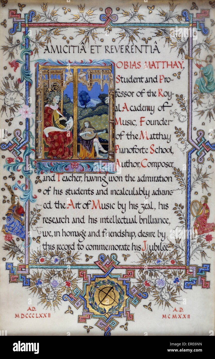 Tobias Matthay. Illuminata testimonianza nella forma di un trittico racchiuso in una pergamena con le firme di ex alunni e Foto Stock