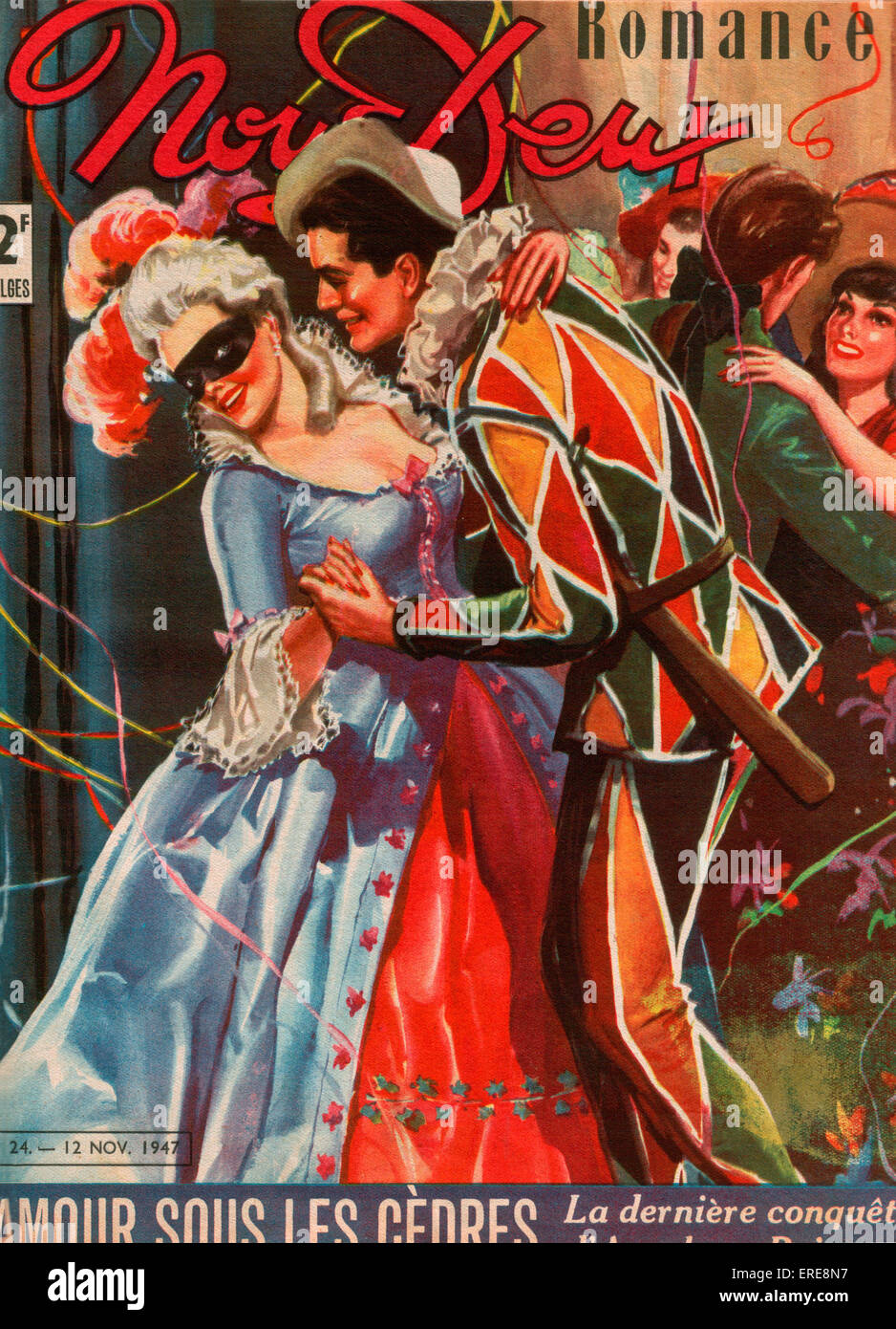Coperchio del Romanticismo francese magazine Nous Deux, 1947. Un uomo in un costume di Arlecchino e e una donna che indossa una maschera e un diciottesimo Foto Stock
