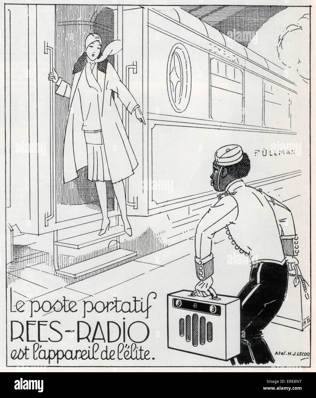Francese radio portatile annuncio, c. 1930. Un elegante donna in piedi sui gradini di una carrozza ferroviaria è la visione di un giovane nero Foto Stock