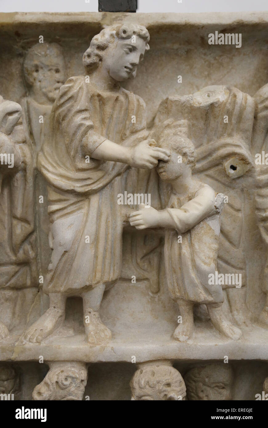 Sarcofago romano. Dei primi cristiani. 4° C. Dettaglio. Gesù che guarisce cieco. Musei Vaticani. Lo Stato della Città del Vaticano. Foto Stock