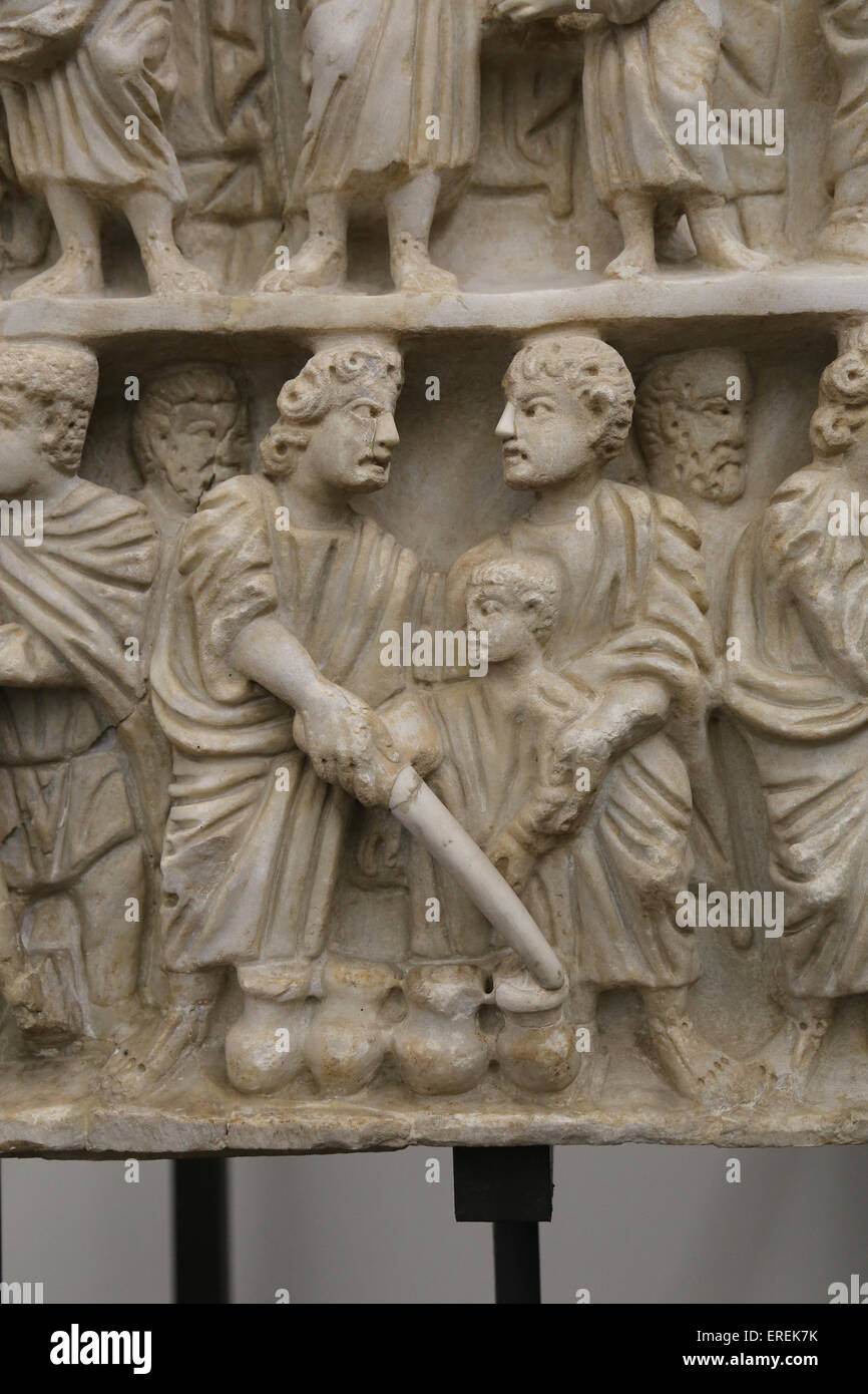 Il miracolo di Gesù. Girando l'acqua in vino. Nozze di Cana. Sollievo. Sarcofago romano. Dei primi cristiani. 4° C. Musei Vaticani. Foto Stock