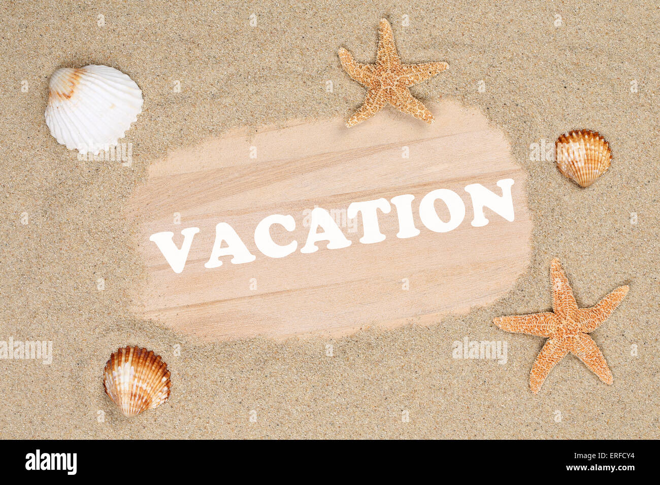 Spiaggia di scena in estate in vacanza con sabbia, mare, conchiglie e stelle in vacanza Foto Stock