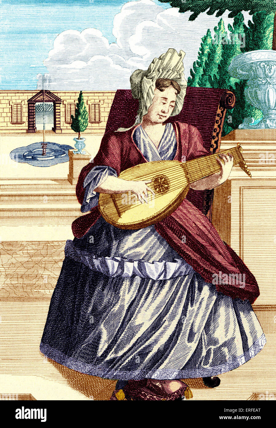 La donna la riproduzione di liuto. Incisione di J.C. Weigel (1661-1726) da 'Musicalisches Theatrum". Versione colorata. Foto Stock
