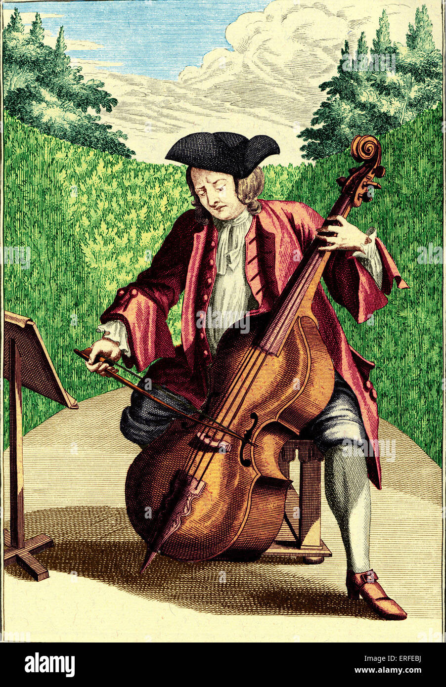 L'uomo la riproduzione di violoncello. Incisione di J. C. Weigel (1661-1726) da 'Musicalisches Theatrum". Foto Stock