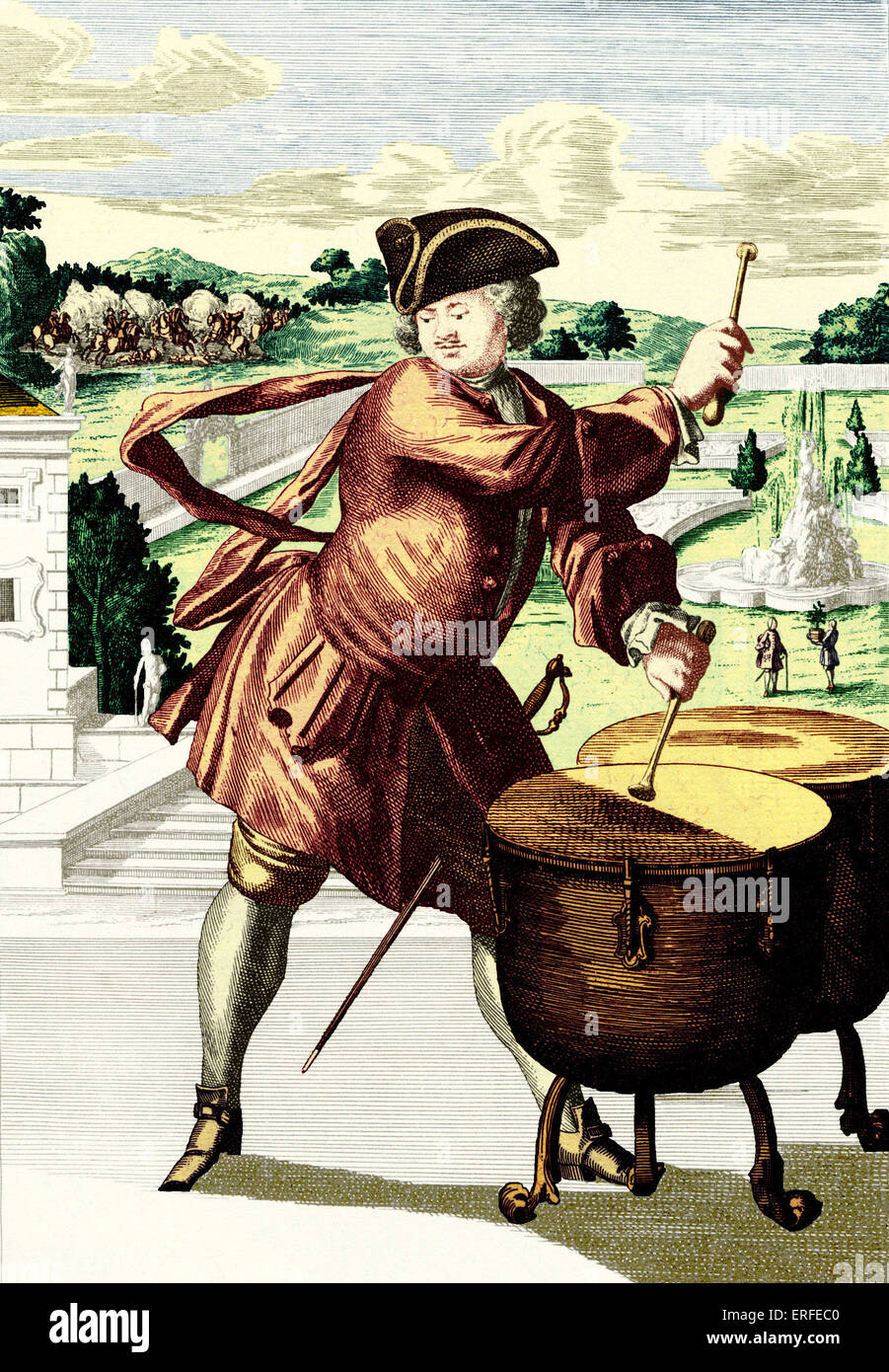 L'uomo gioca bollitore tamburi (timpani) - incisione da J.C. Weigel (1661-1726), da 'Musicalisches Theatrum". Foto Stock