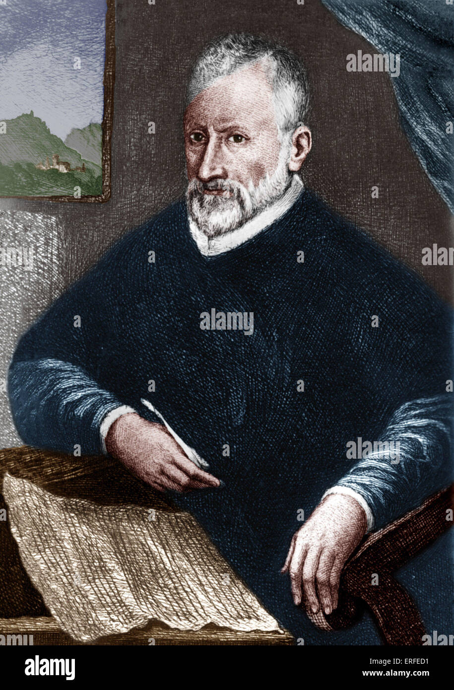 Giovanni Palestrina raffigurata con manoscritto e cappello. Compositore italiano (1525-1594). Foto Stock