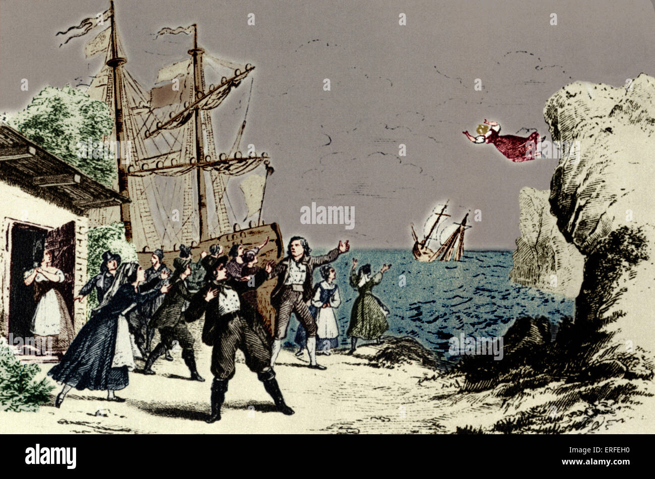 Richard Wagner's opera "Flying Dutchman" (Der fliegende Höllander). Scena illustrata mostra Senta saltando al Flying Foto Stock