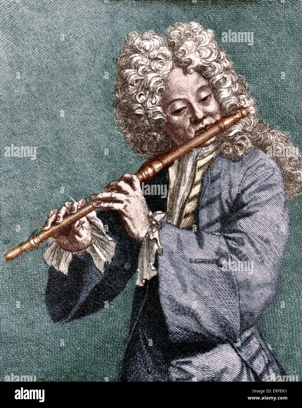 Jacques Hotteterre, 'le Romain', 1674-1762. Lettore di flauto al re sotto Luigi XIV e Luigi XV. Incisione di Bernard Picard Foto Stock