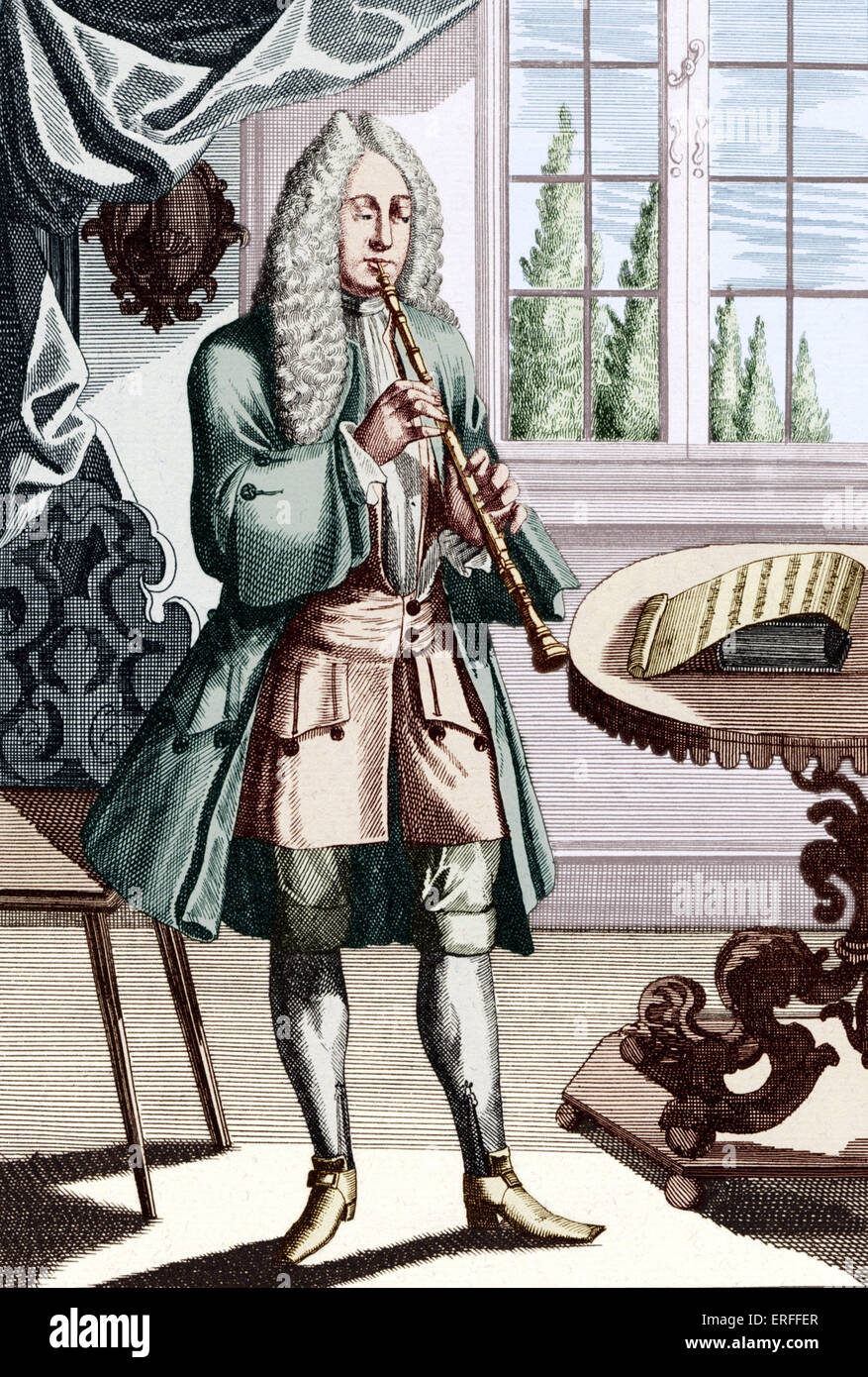 Oboe barocco musicista didascalia recita - Uomo giocando hautboy (o hautbois) che è il primo oboe incisione di J C Weigel (1661-1726) Foto Stock
