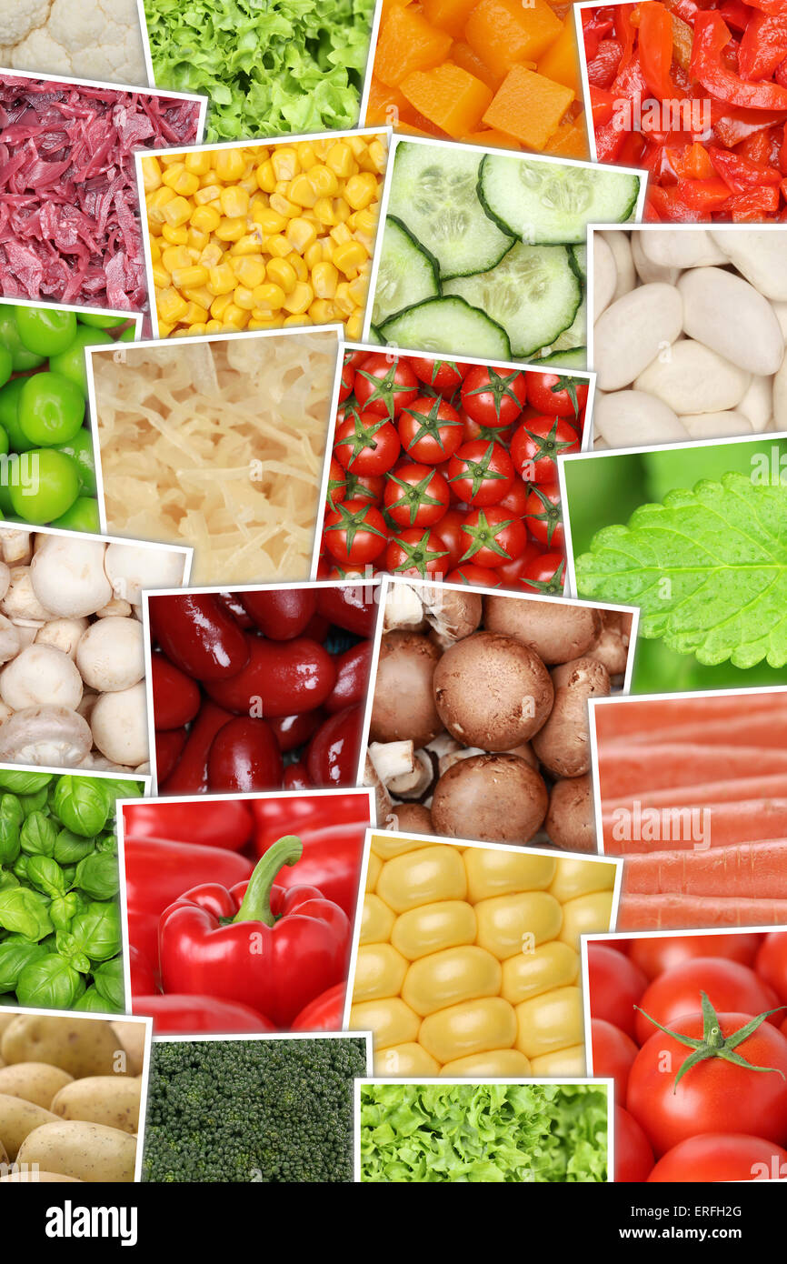 Vegan e vegetariana verdure sfondo con pomodori, paprica, lattuga, patate, fagioli e cetrioli Foto Stock