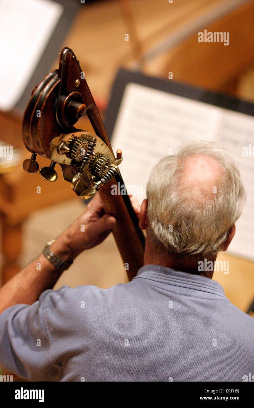 Double bass player visto da dietro, che mostra lo scorrimento. cliente aperto Foto Stock