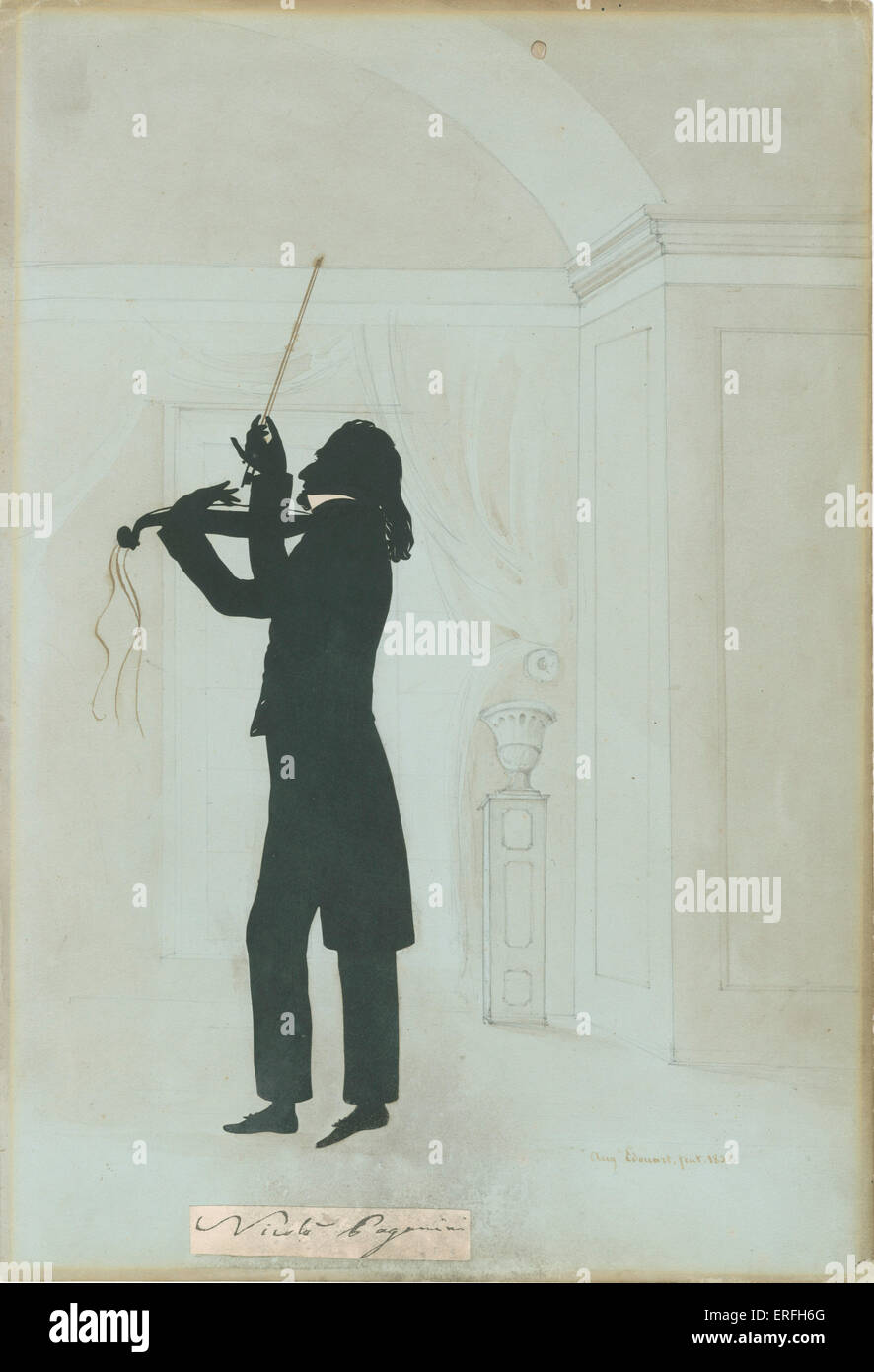 Niccolò Paganini - silhouette ritratto italiano del violinista e compositore giocando su una singola stringa da Augustin Edouart, Foto Stock