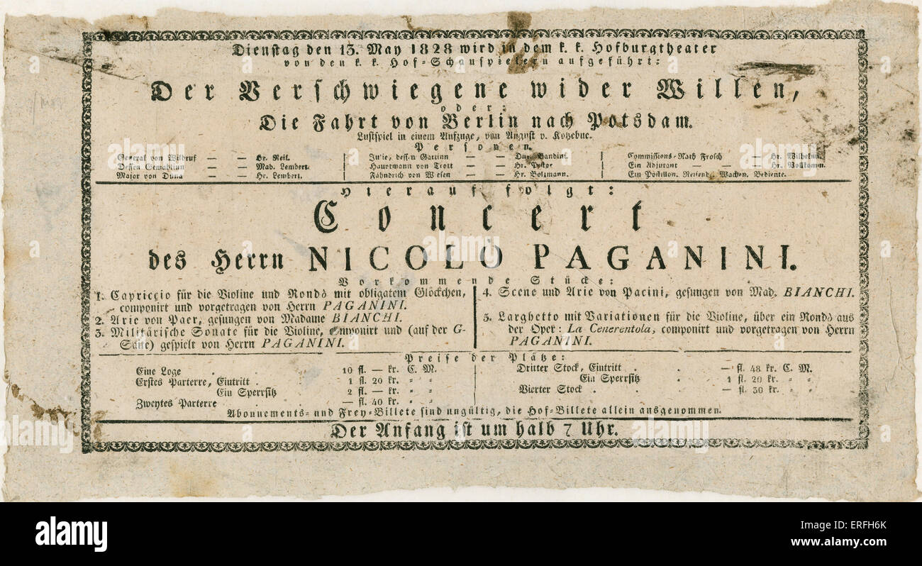 Niccolò Paganini - locandina, poster per un concerto con l'Italiano violinista e compositore, 13 maggio 1928, Hofburgtheater, Germania, Foto Stock