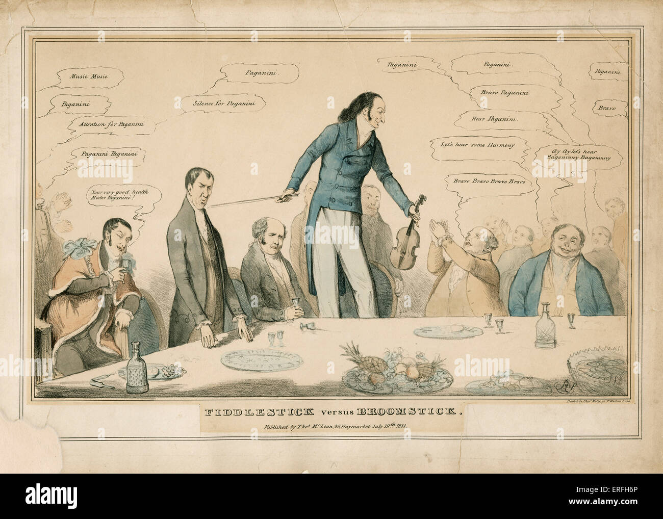 Niccolò Paganini - caricatura italiano del violinista e compositore a una cena in onore del Duca di Bedford, intitolato Foto Stock