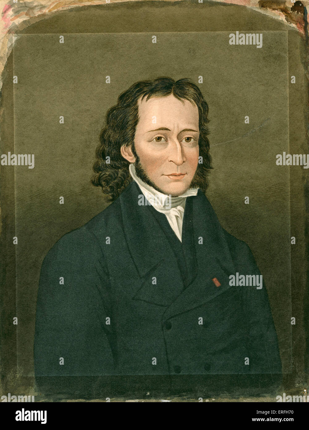 Niccolò Paganini - Ritratto italiano del violinista e compositore come un uomo giovane. Acquerello su carta, c. 1830. 18 Febbraio Foto Stock