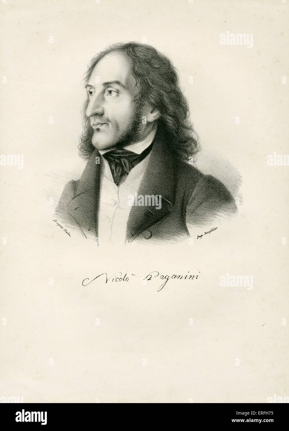 Niccolò Paganini - Ritratto italiano del violinista e compositore che mostra la testa e spalle. Litografia dopo F Hahn, c. Foto Stock