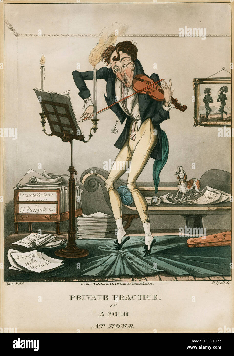Niccolò Paganini - caricatura italiano del violinista e compositore a giocare il suo strumento con un cane ululati in background. Intitolato "Pratica privata o un assolo a casa." Da Ego del, Londra, 1827. 18 Febbraio 1784 - 27 maggio 1840. Foto Stock