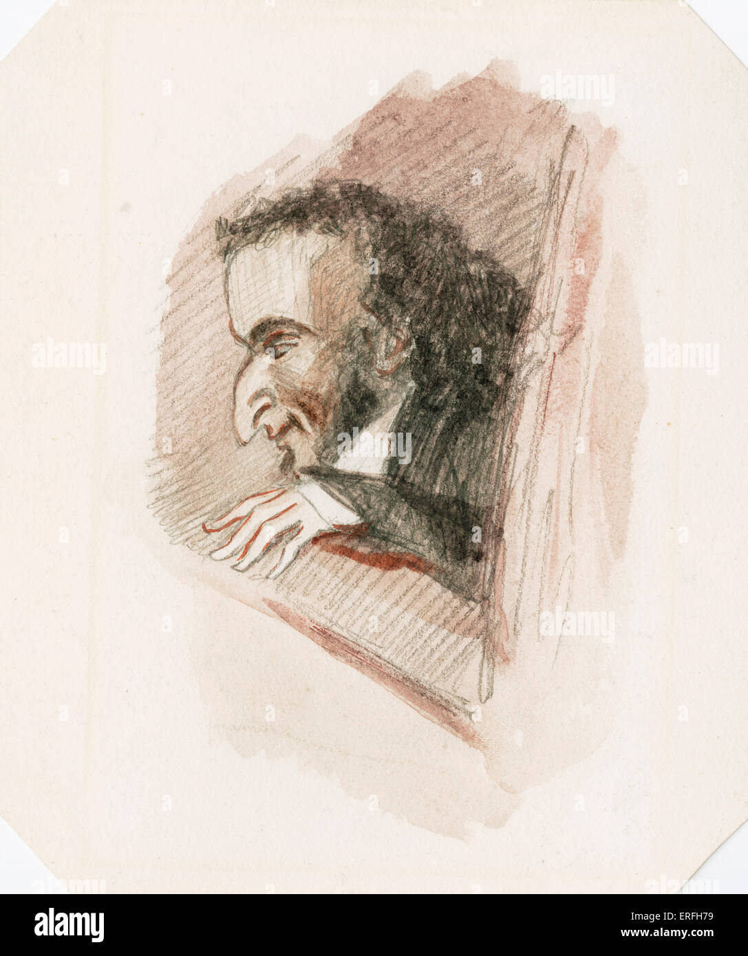 Niccolò Paganini - Ritratto italiano del violinista e compositore. Disegno su carta color crema, matita e lavaggio colore, e privo di firma digitale Foto Stock