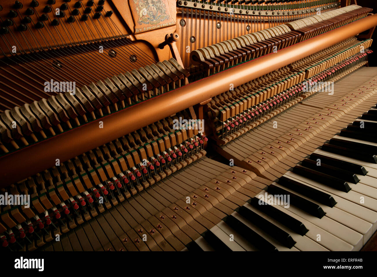 Interno di un pianoforte verticale - che mostra l'azione o il meccanismo e  le chiavi. Realizzato da John Broadwood Foto stock - Alamy