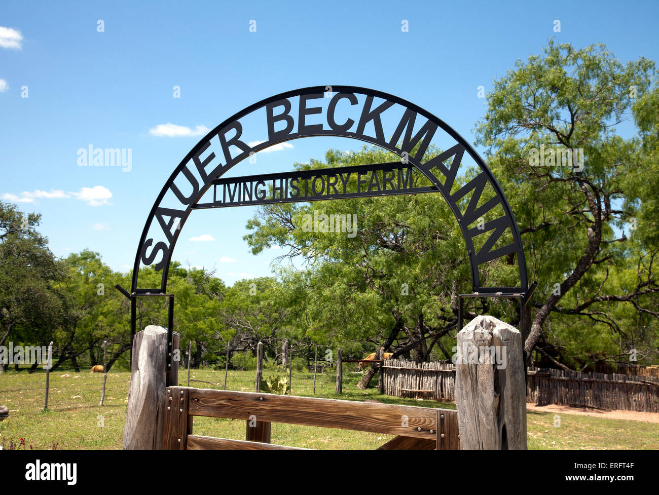 Cancello di ingresso, Sauer-Beckman Storia viva Farm at LBJ stato parco e sito storico, Stonewall, Texas. Foto Stock