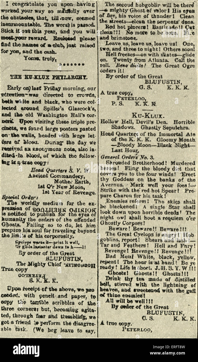 Ku Klux Klan - decreto / ordine emesso dal KKK, stampato in "Monitor indipendenti', 1 aprile 1868. Foto Stock