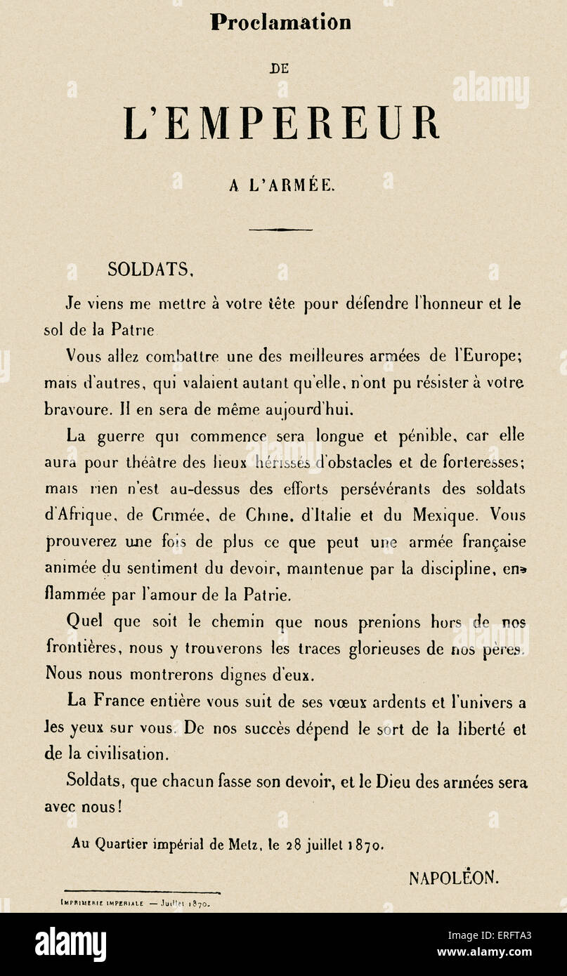 Proclamazione da parte di Napoleone III di Francia, affrontare l'esercito francese il 28 luglio 1870. Preparare i suoi uomini per un offensiva durante Foto Stock Proclamazione da parte di Napoleone III di Francia, affrontare l'esercito francese il 28 luglio 1870. Preparare i suoi uomini per un offensiva durante Foto Stock