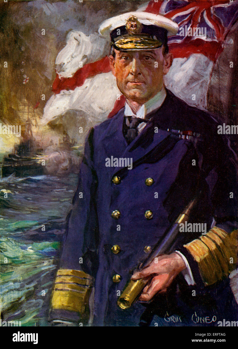 L ammiraglio sir John Jellicoe - . La British Royal Navy Admiral; ammiraglio della flotta durante giornate mondiali guerra I. 5 Dicembre 1859 - 20 novembre 1935. (Artista Cyrus Cuneo) Foto Stock