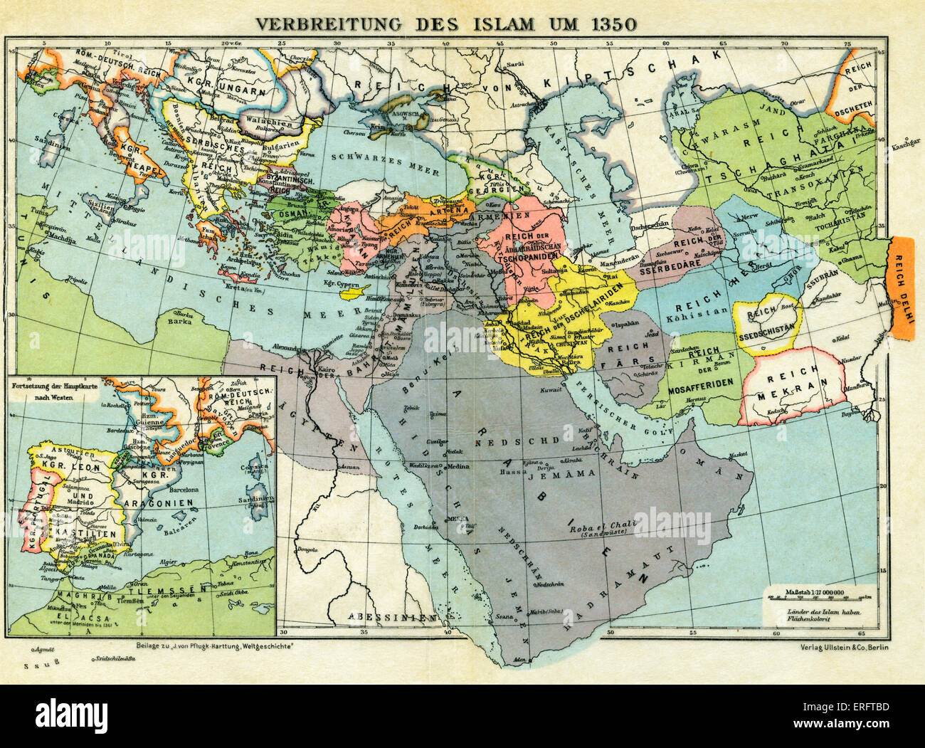 La diffusione dell'Islam, c. 1350 - Mappa. Il progresso in Europa di Islam portando la sua influenza sulla religione e cultura Foto Stock