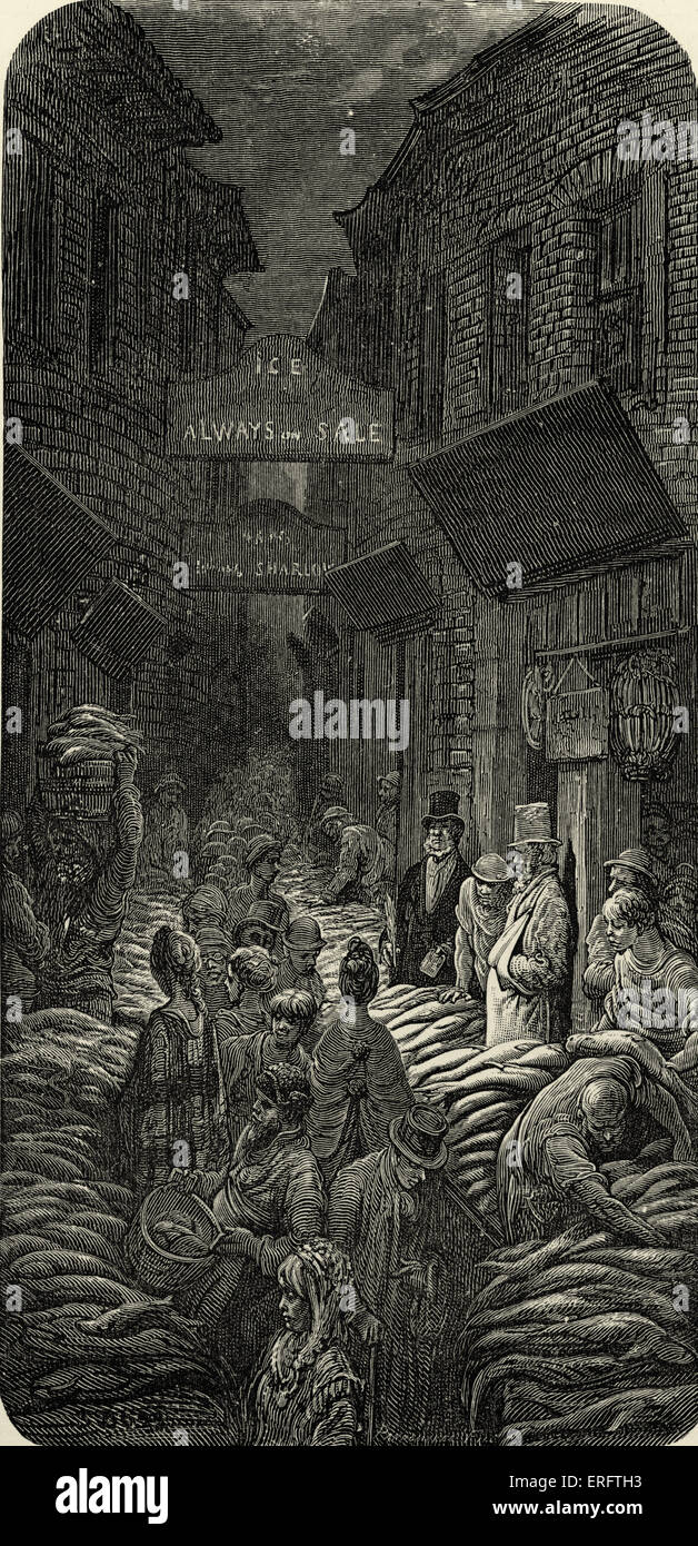 Un mercato del pesce. Bilingsgate. Incisione di Gustave Doré, da 'London, un pellegrinaggio, da Gustave Doré e Blanchard Jerrold', Foto Stock