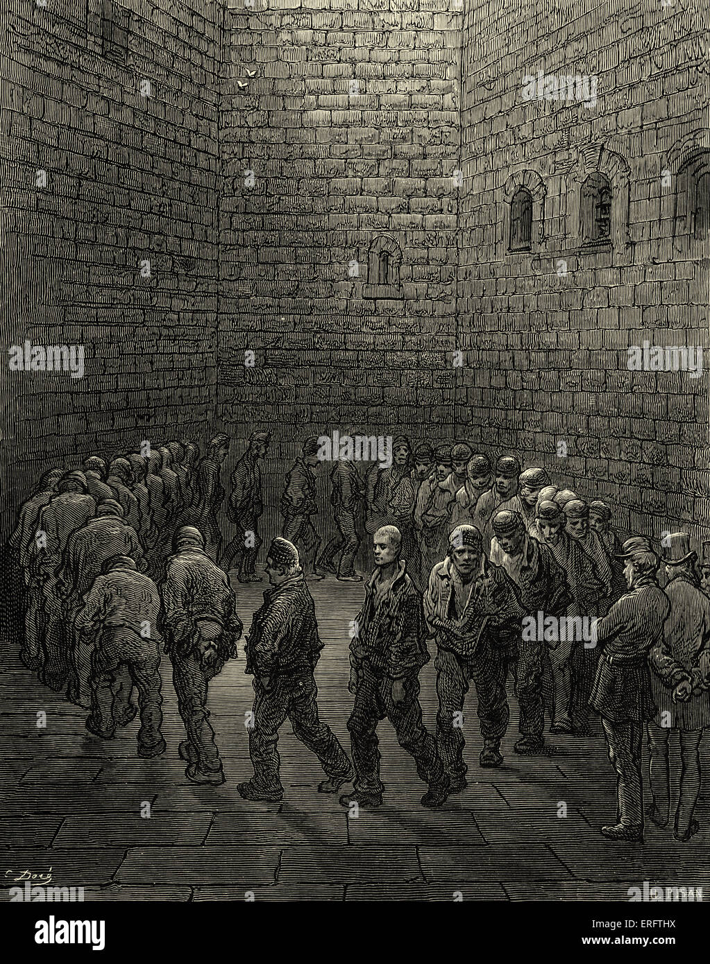 Londra vittoriana prigione, Newgate. I prigionieri nell'esercizio cantiere. Incisione di Gustave Doré, da 'London, un pellegrinaggio, da Foto Stock