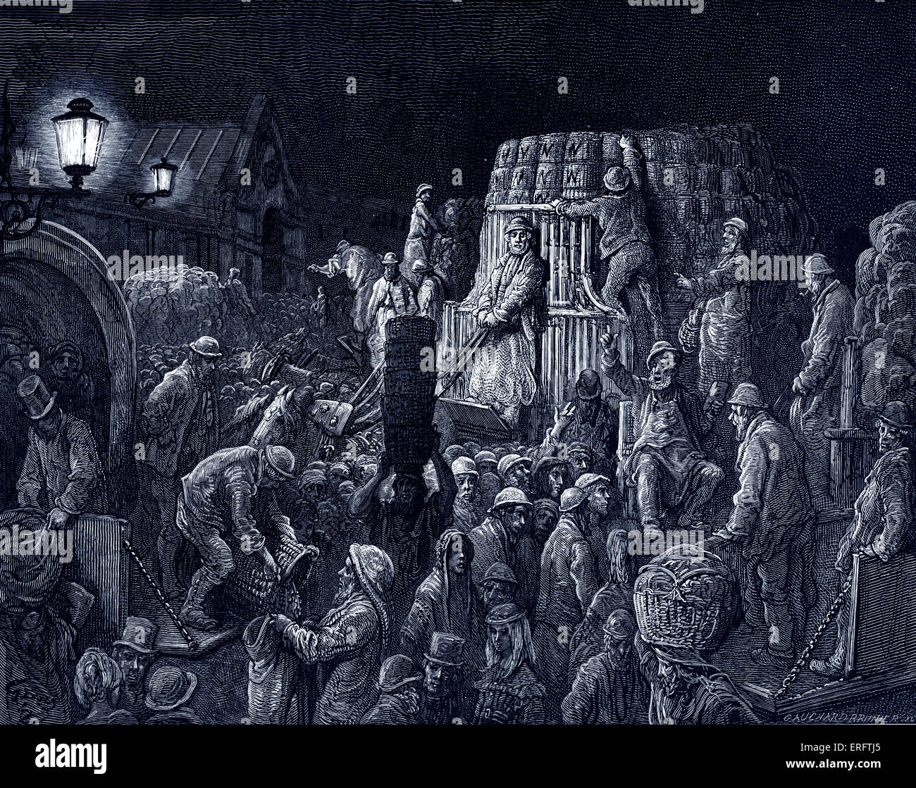 Londra nel periodo Vittoriano- mercato di Covent Garden al mattino presto. (Mercato della frutta). Incisione di Gustave Doré, da 'London, un Foto Stock