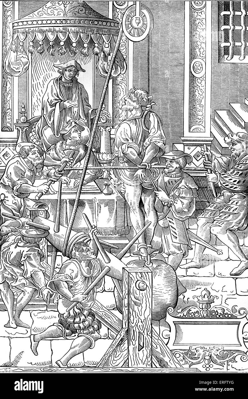 La tortura medievale scena. L'uomo è stata sollevata con un una serie di scatti e presenta un peso attaccato ai suoi piedi che conduce alla Foto Stock