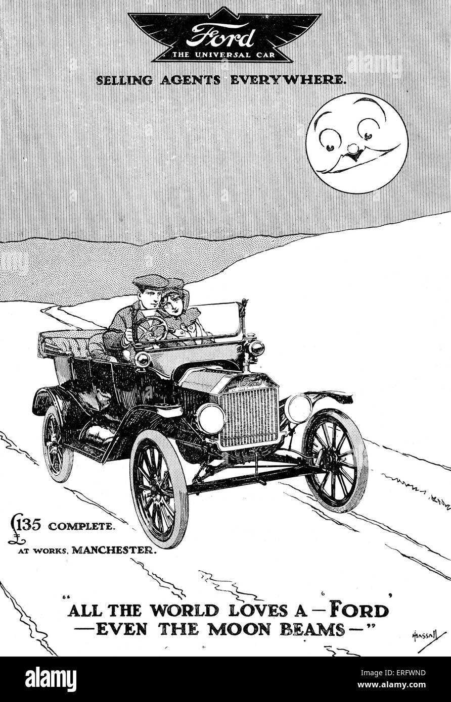 Pubblicità Ford, 1915. Didascalia: "Tutto il mondo ama - un'Ford'- anche la luna travi.' Ford Motor Company, produttrice di Foto Stock