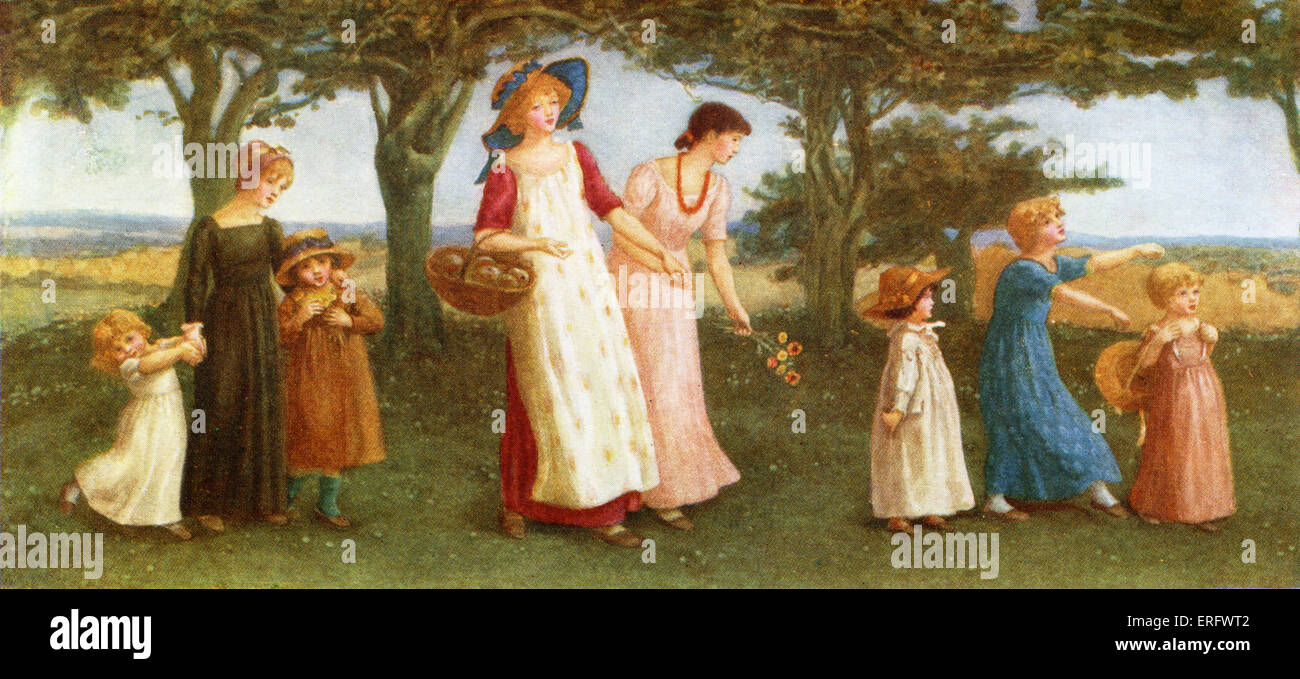 'Spring tempo' di Kate Greenaway. Giovani Victorians di andare a fare una passeggiata in campagna. Foto Stock