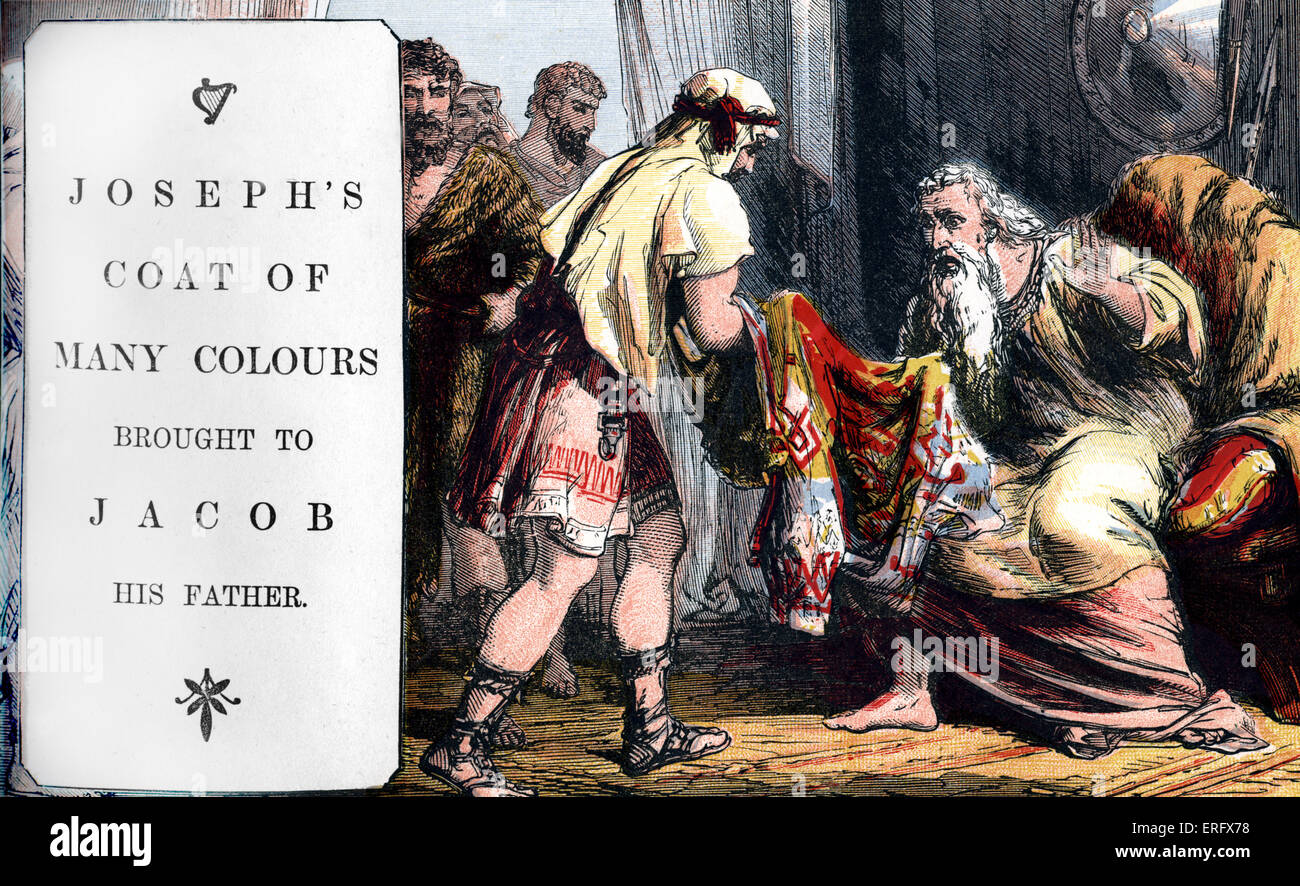 Genesi 37: Giuseppe 's cappotto di molti colori portato a Giacobbe suo padre. (Macchiato di sangue la prova che egli era stato ucciso da un selvatico Foto Stock