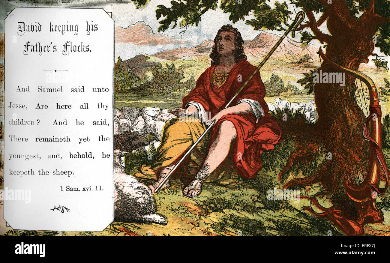 David mantenendo di suo padre a branchi. 1 Samuele Capitolo XVI, versetto 11. Le storie della Bibbia in stile vittoriano illustrazioni per la scuola domenicale Foto Stock