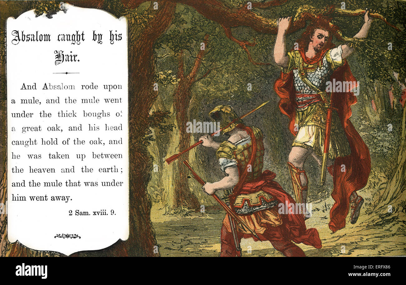 Absalom catturati dai suoi capelli (e ucciso da Ioab, contrariamente a David 's ordini). 2 Samuele , capitolo XVIII, versetto 9. La Bibbia Foto Stock
