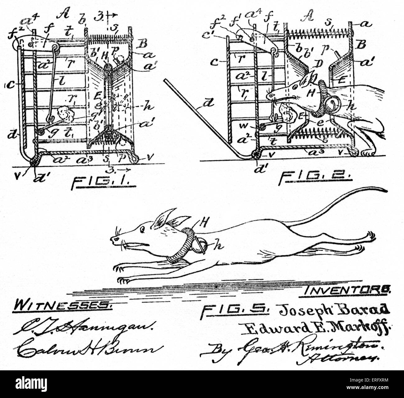 Diciannovesimo secolo design per un rat trap. Quando un roditore, attratti dall'esca, attiva il dispositivo, un collare con piccole campane Foto Stock