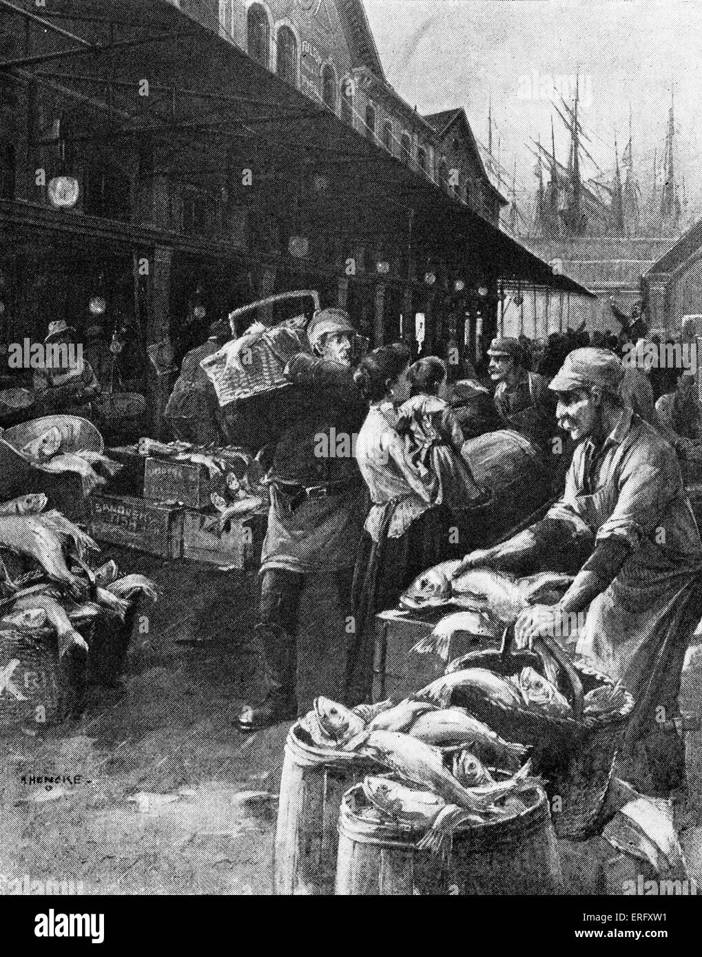 Vecchio Mercato Fulton, New York, circa 1890s. La figura mostra un giovedì mattina al mercato quando il Fulton Street Market uomini Foto Stock