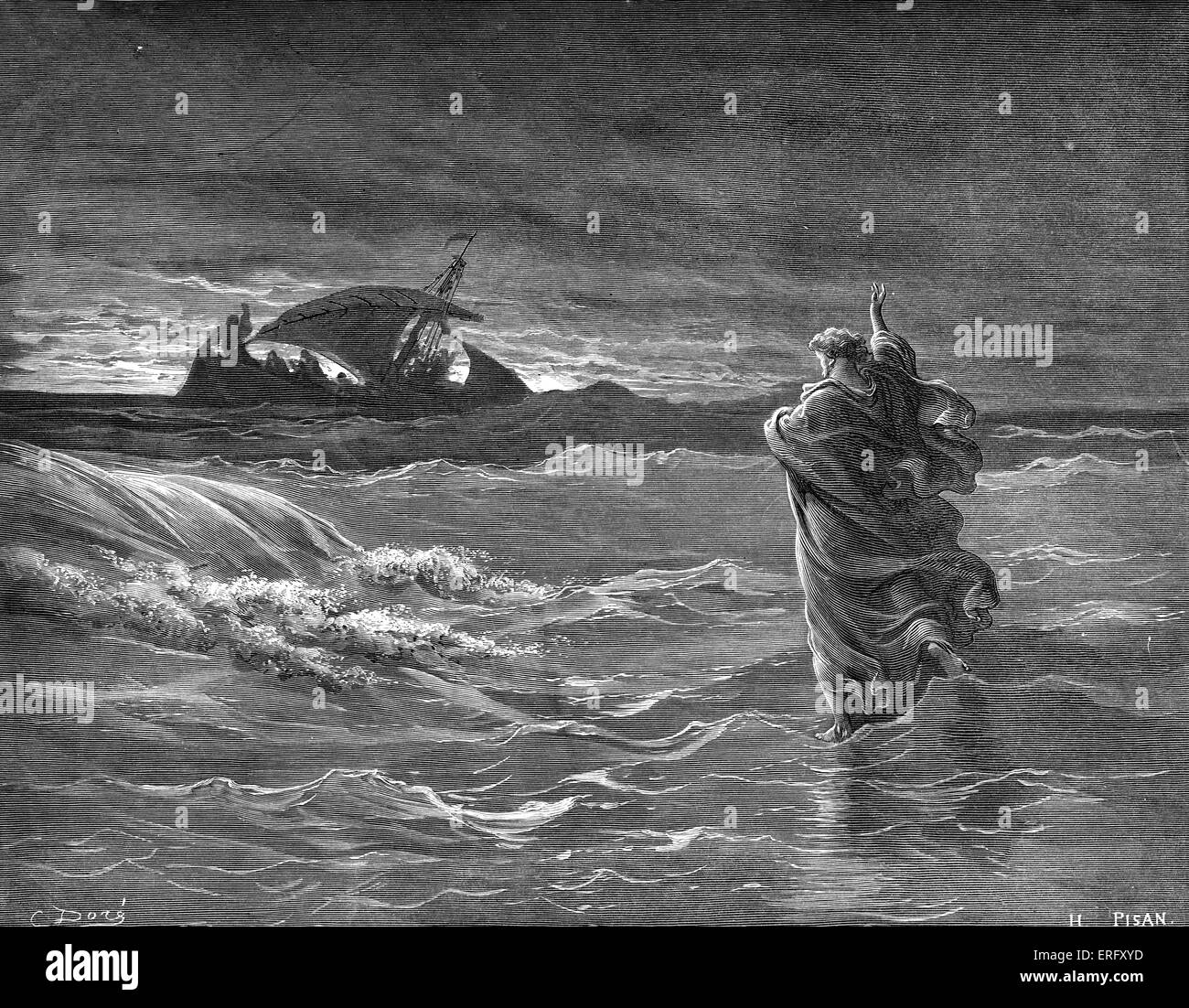 Gesù che camminava sul mare. I discepoli fila a mare e di "vedere Gesù che camminava sul mare e si avvicinava alla nave; Foto Stock