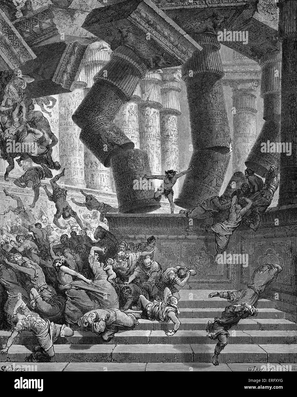 La morte di Sansone - Sansone tira verso il basso il tempio dei Filistei a Gaza, uccidendo se stesso e i suoi nemici all'interno del Foto Stock