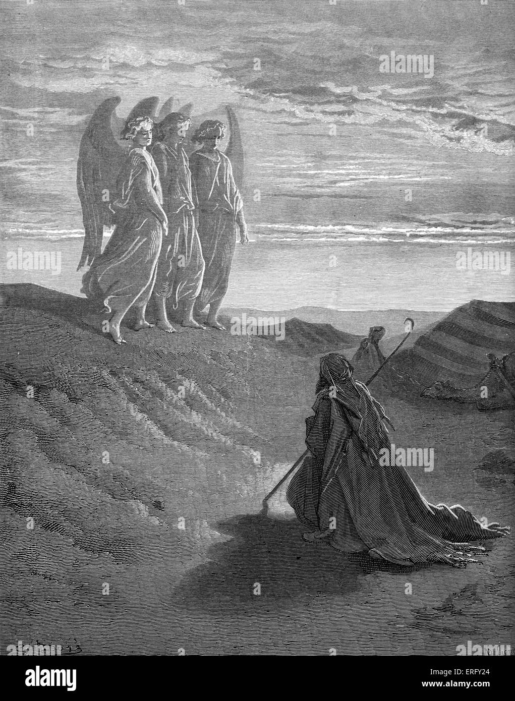 Abramo si inginocchia davanti a tre angeli chi lo visita nelle pianure di Mamre: 'e ha preso il burro e il latte e il vitello che Foto Stock