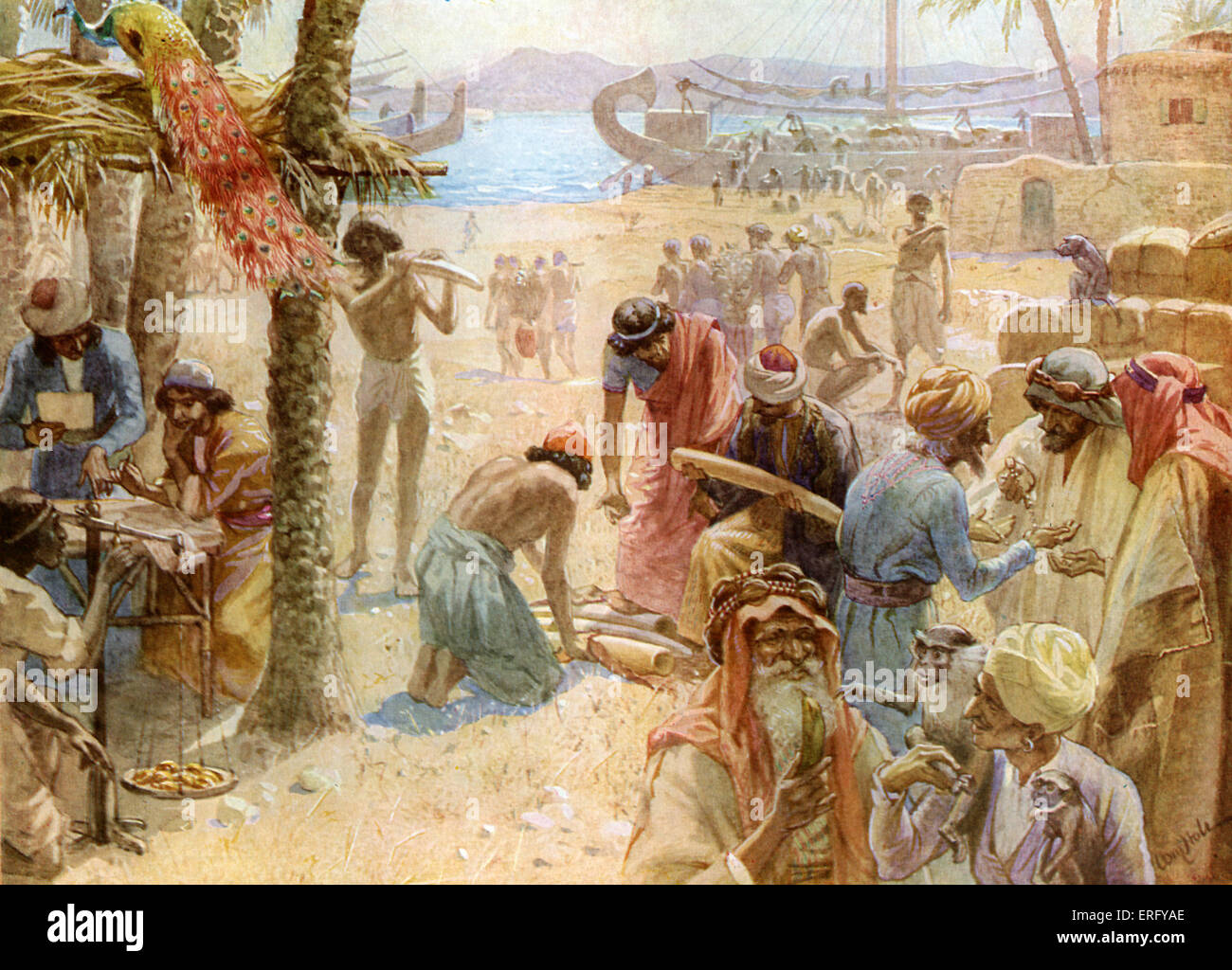 Il commercio di re Salomone. I Re 10: 22 - 23. ' Per il re aveva in mare la flotta di Tharshish con la flotta di Chiram: una volta in tre anni è venuto il marina di Tharshish, portando oro e argento, avorio, scimmie e pavoni.23 Così il re Salomone superò tutti i re della terra per la ricchezza e la saggezza. ' Illustrazione di William foro 1846 - 1917 Foto Stock