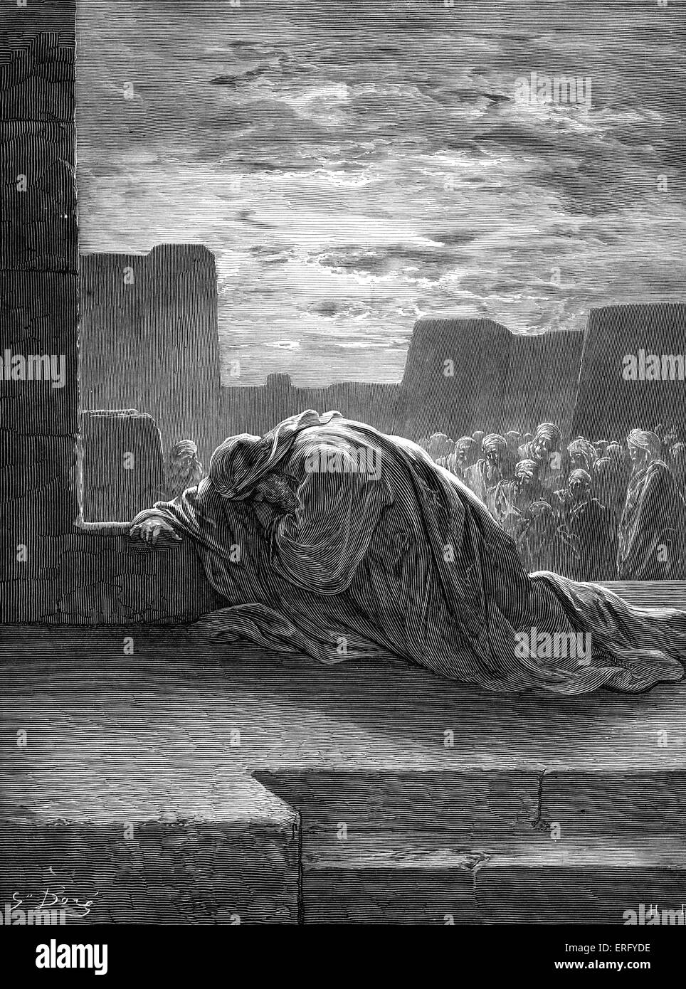 Il profeta Esdra pregando, incisione di Gustave Doré. Esdra, nella disperazione per il popolo di Israele 's intermarrying, si inginocchia in Foto Stock
