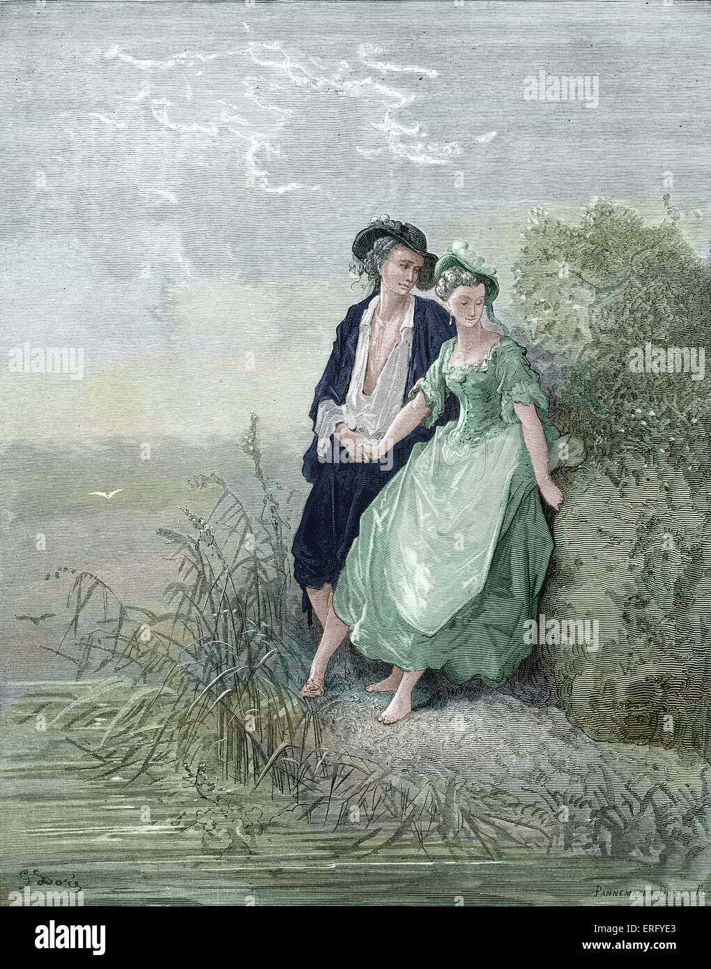 La Fontaine 's favole: Tircis e Amaranto, incisione di Gustave Doré. Il pastore e la pastora Tircis e stand di amaranto Foto Stock