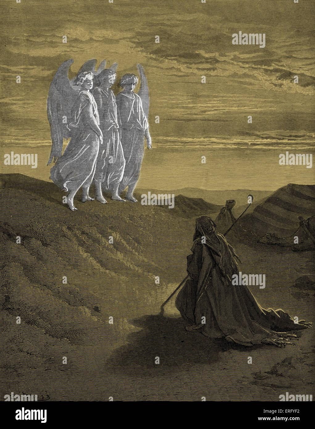 Abramo si inginocchia davanti a tre angeli chi lo visita nelle pianure di Mamre: 'e ha preso il burro e il latte e il vitello che Foto Stock