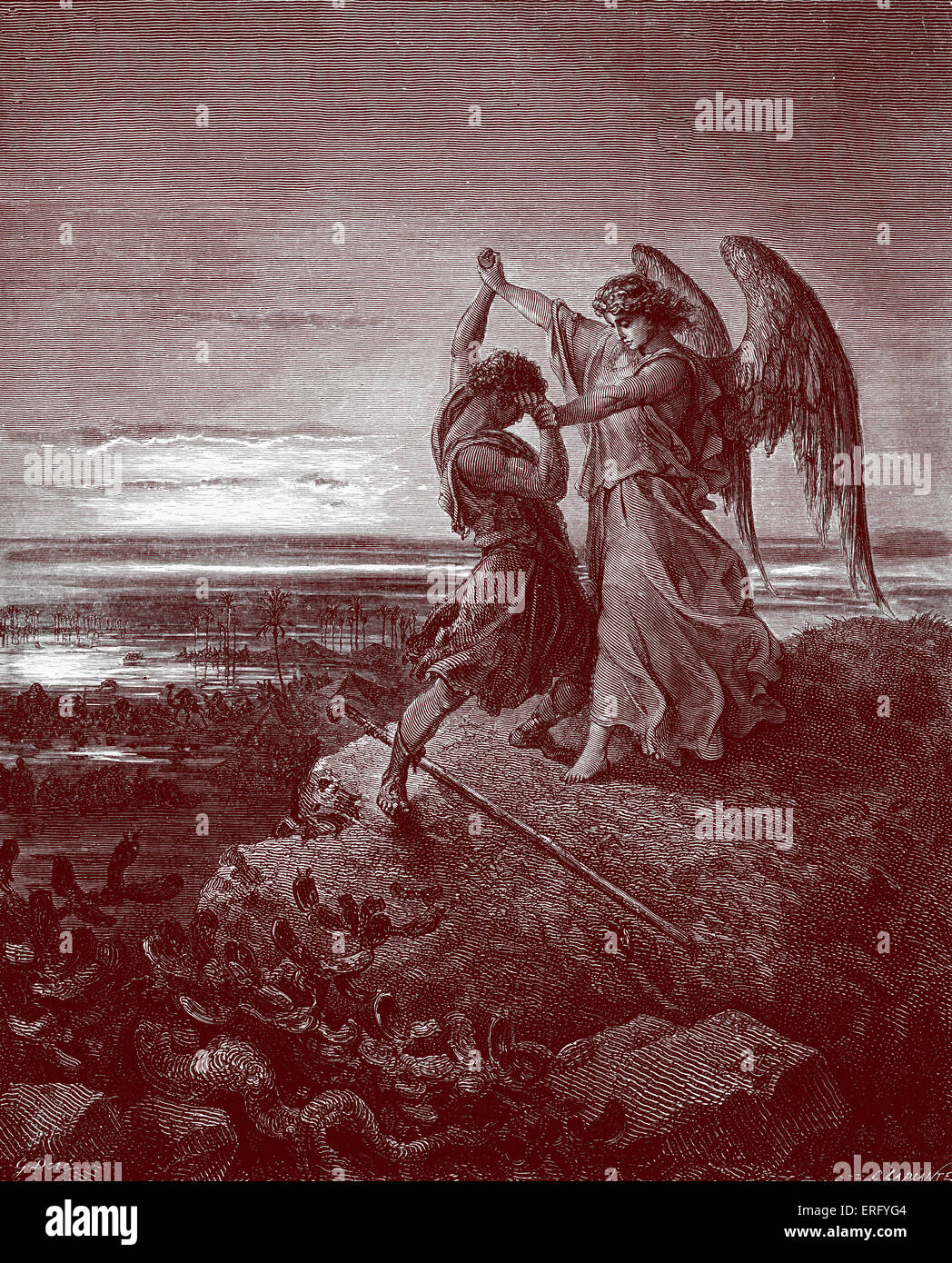 Giacobbe lotta con l'angelo, Genesi 32 : 24 -29. Disegnata da Gustave Doré, artista francese, b 6 Gennaio 1832 - 23 gennaio 1883. Incisi da C Laplante ha. Foto Stock