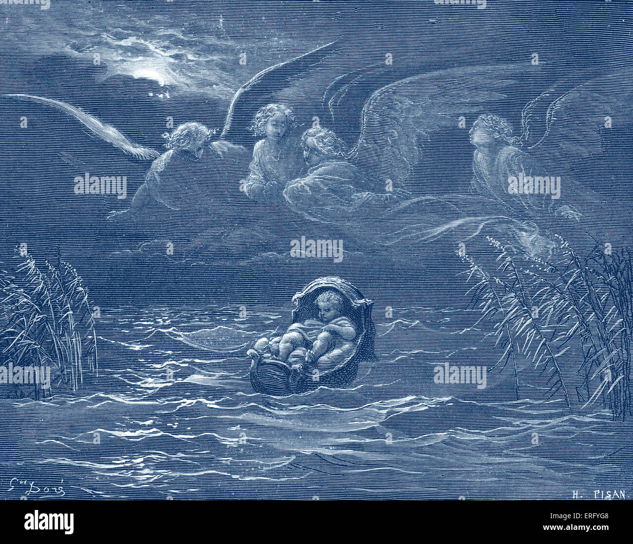 Mosè sul fiume Nilo in una cesta di giunchi, esodo Ch 2. Disegnata da Gustave Doré, artista francese, b 6 Gennaio 1832 - 23 gennaio 1883. Incisi da H il pisano. Foto Stock