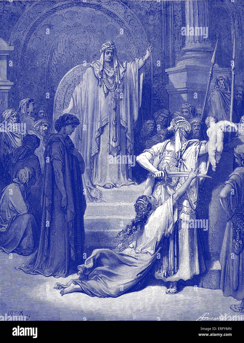 Il Giudizio di Salomone. Incisione di Gustave Doré (1832 - 1883). I RE 3 : 26-27. "Allora disse la donna a cui la vita Foto Stock