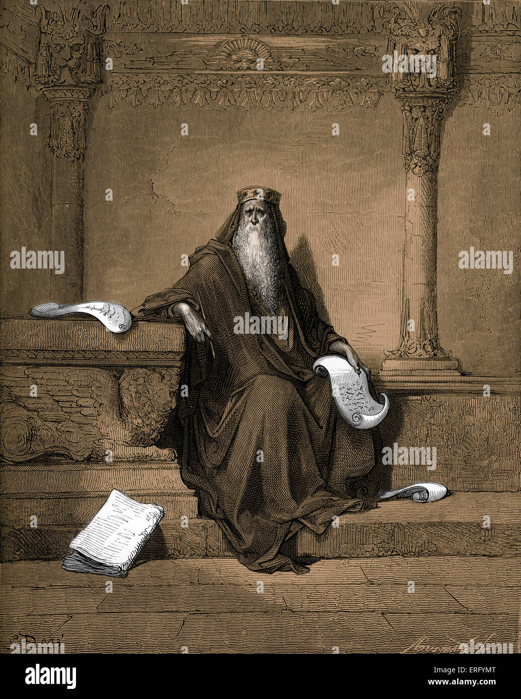 Il re Salomone. La scrittura di proverbi. Incisione di Gustave Doré (1832 - 1883). Proverbi I: 1- 4 . 'I Proverbi di Salomone figlio Foto Stock